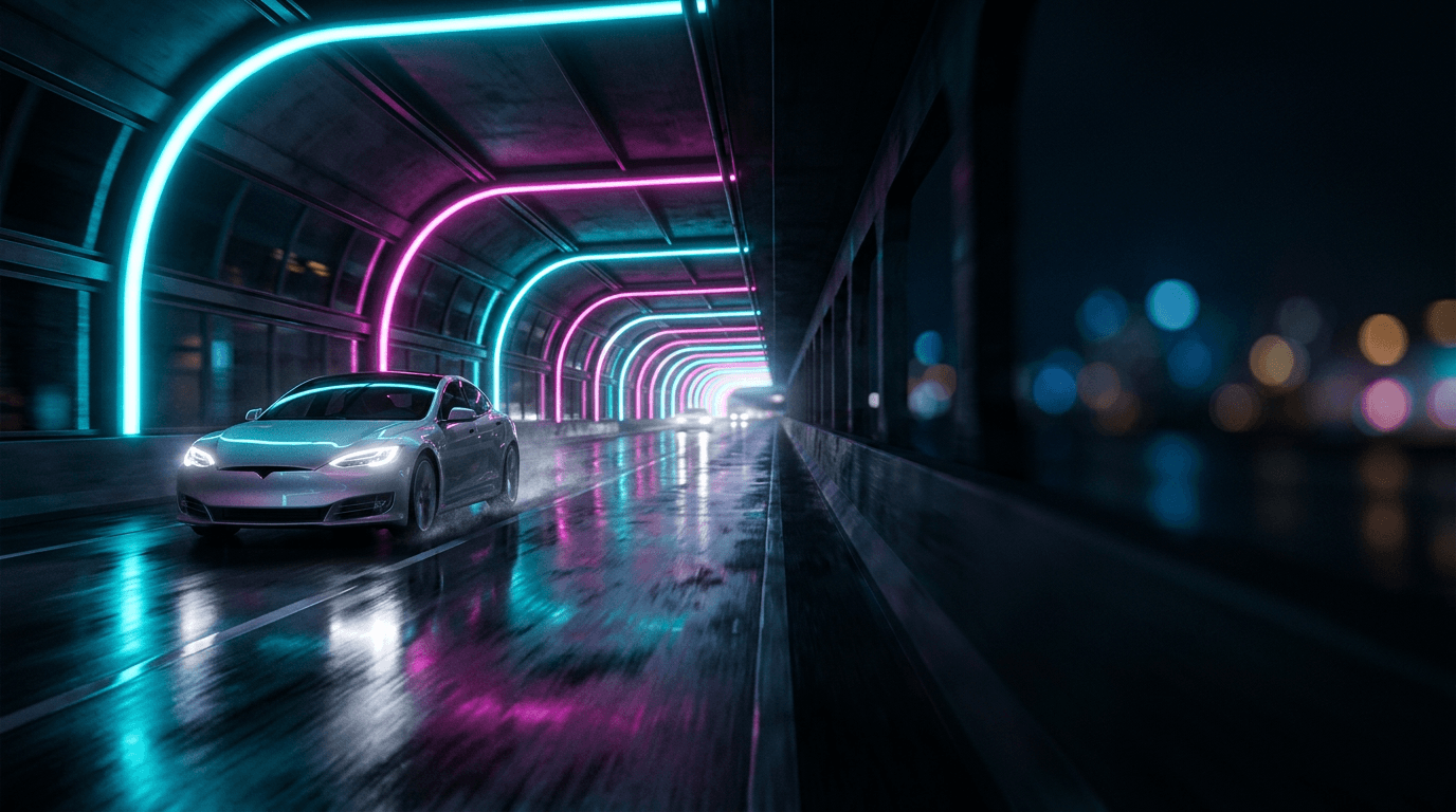 Electric vehicle in a neon-lit tunnel, Las Vegas Loop style