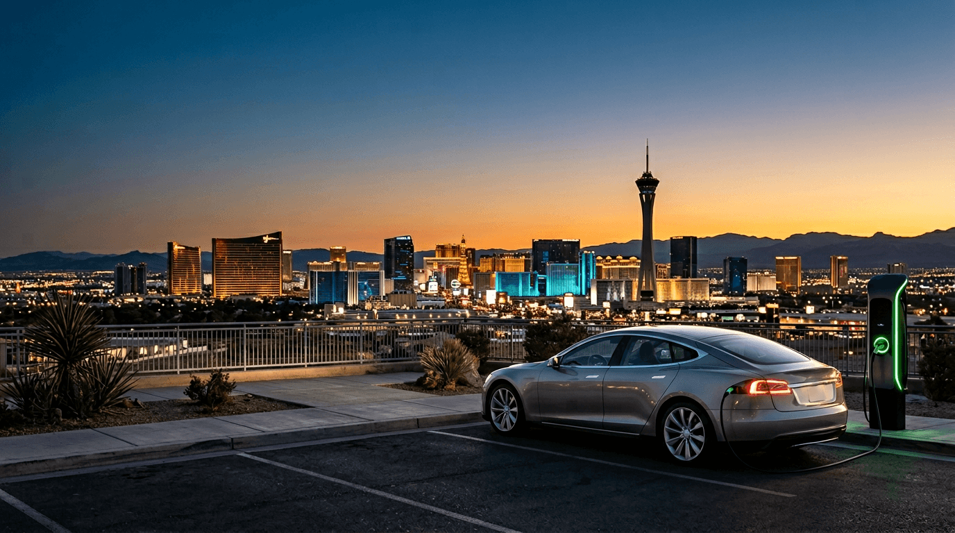 Electric vehicle charging at sunset overlooking the Las Vegas skyline