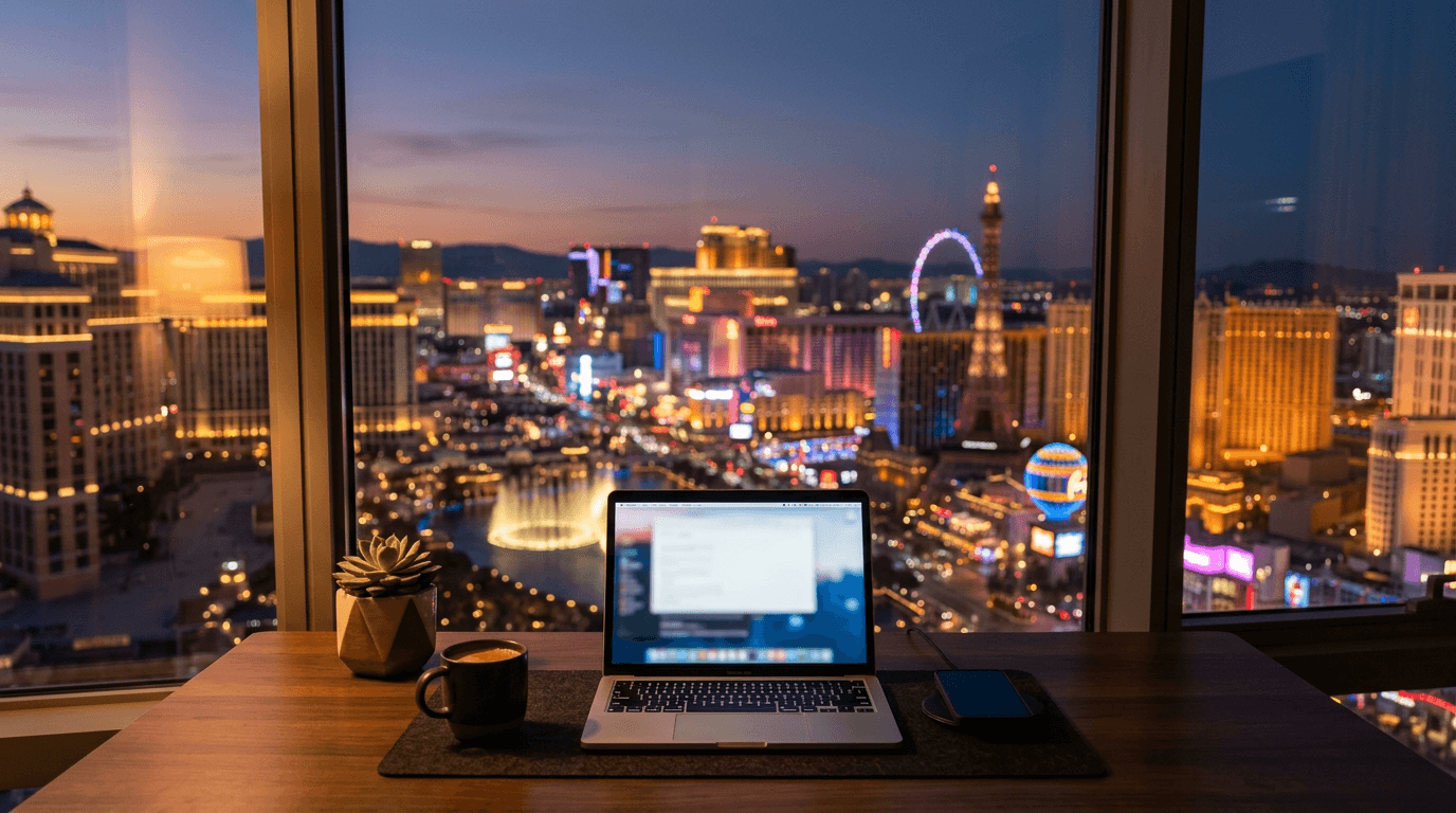 Modern workspace overlooking the Las Vegas Strip skyline at dusk