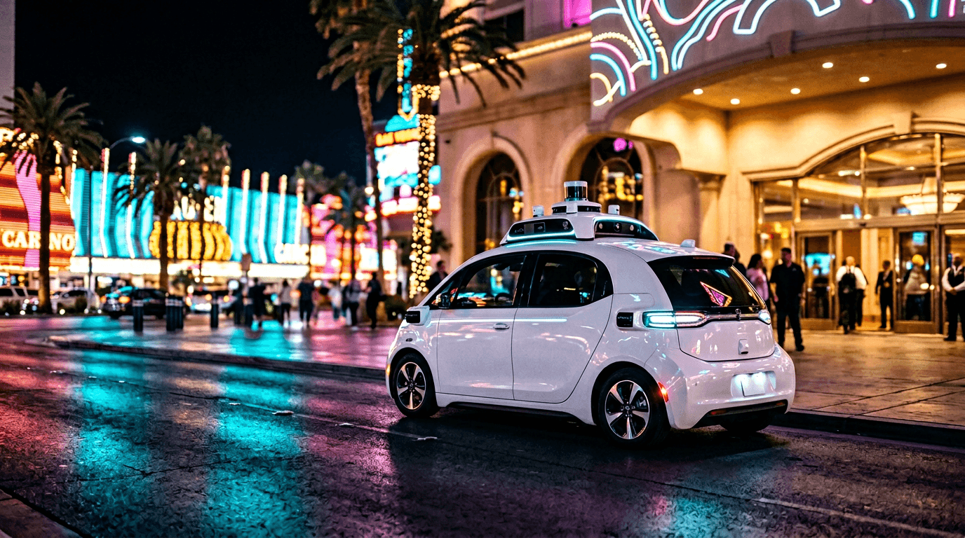 Autonomous robotaxi on the Las Vegas Strip at night with neon reflections