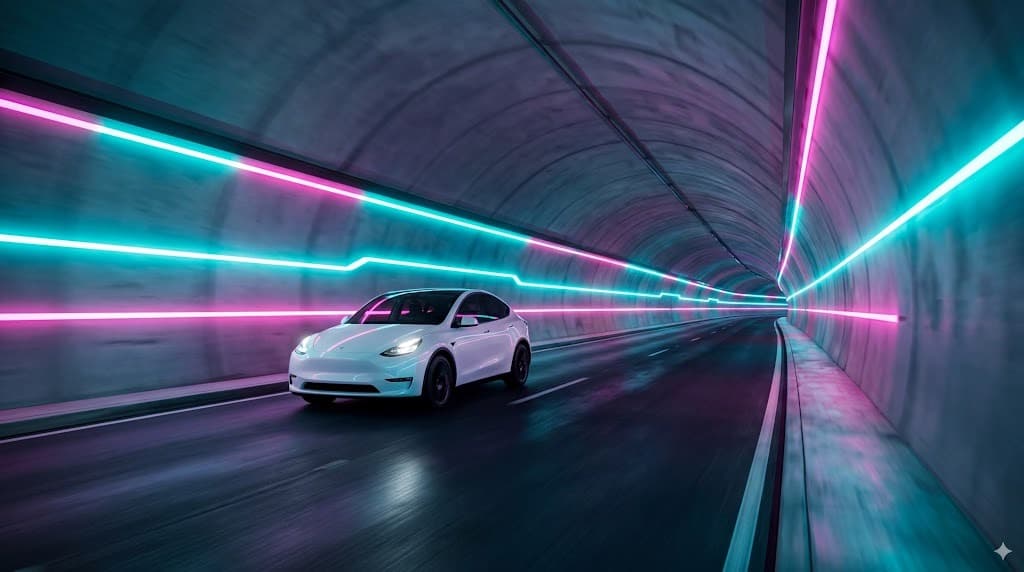 Electric vehicle in a neon-lit tunnel, Las Vegas Loop style