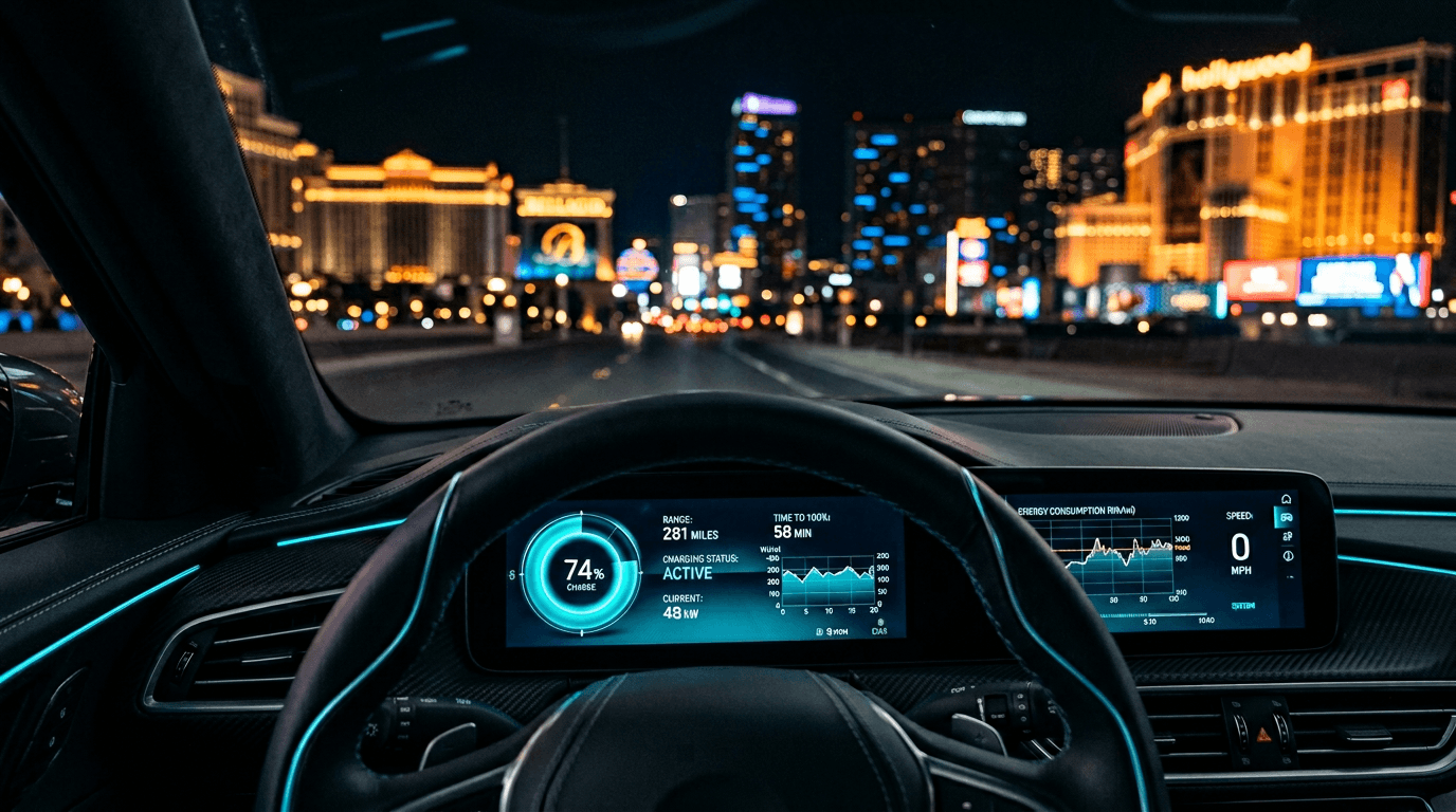EV dashboard displaying energy metrics with Las Vegas Strip visible through the windshield