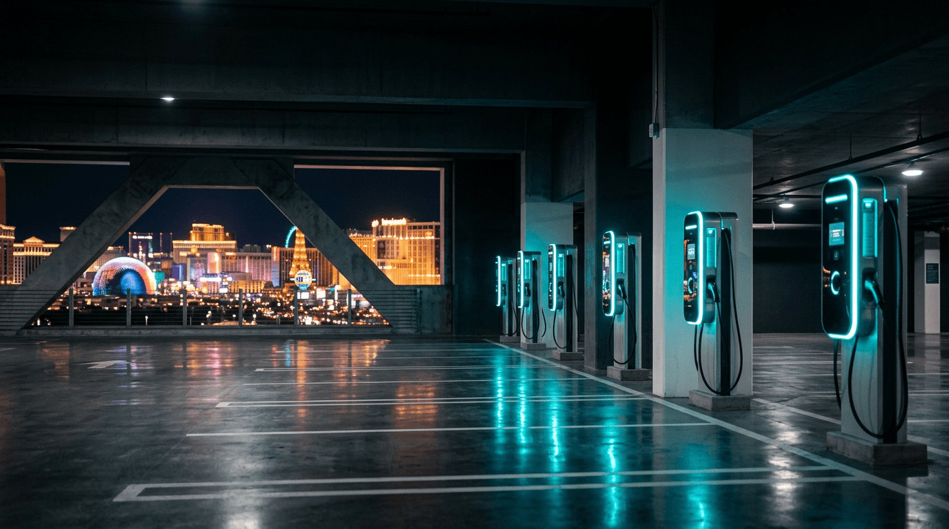 EV charging stations glowing with cyan LEDs in a Las Vegas hotel parking garage