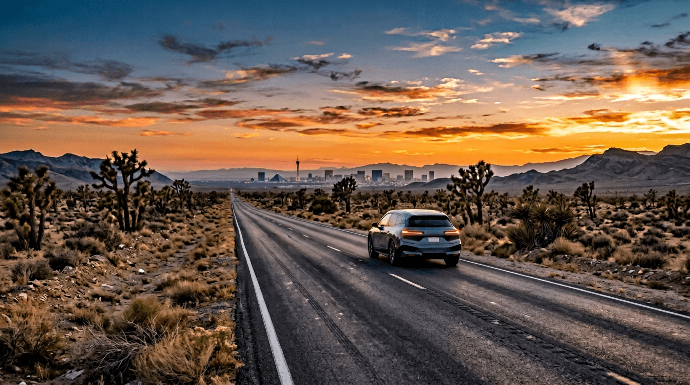 Electric vehicle driving through the Nevada desert toward the Las Vegas skyline at golden hour