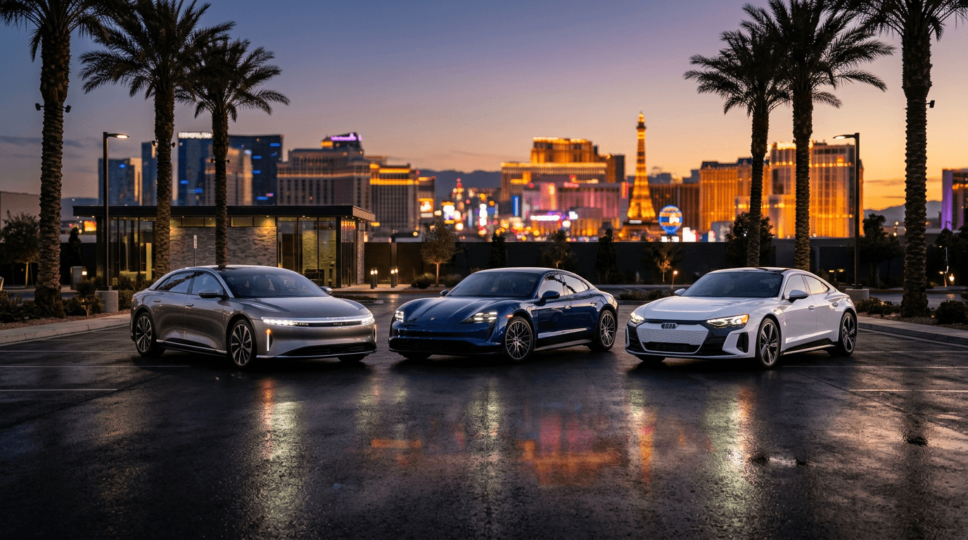 Three sleek electric vehicles lined up at a premium Las Vegas rental lot at dusk