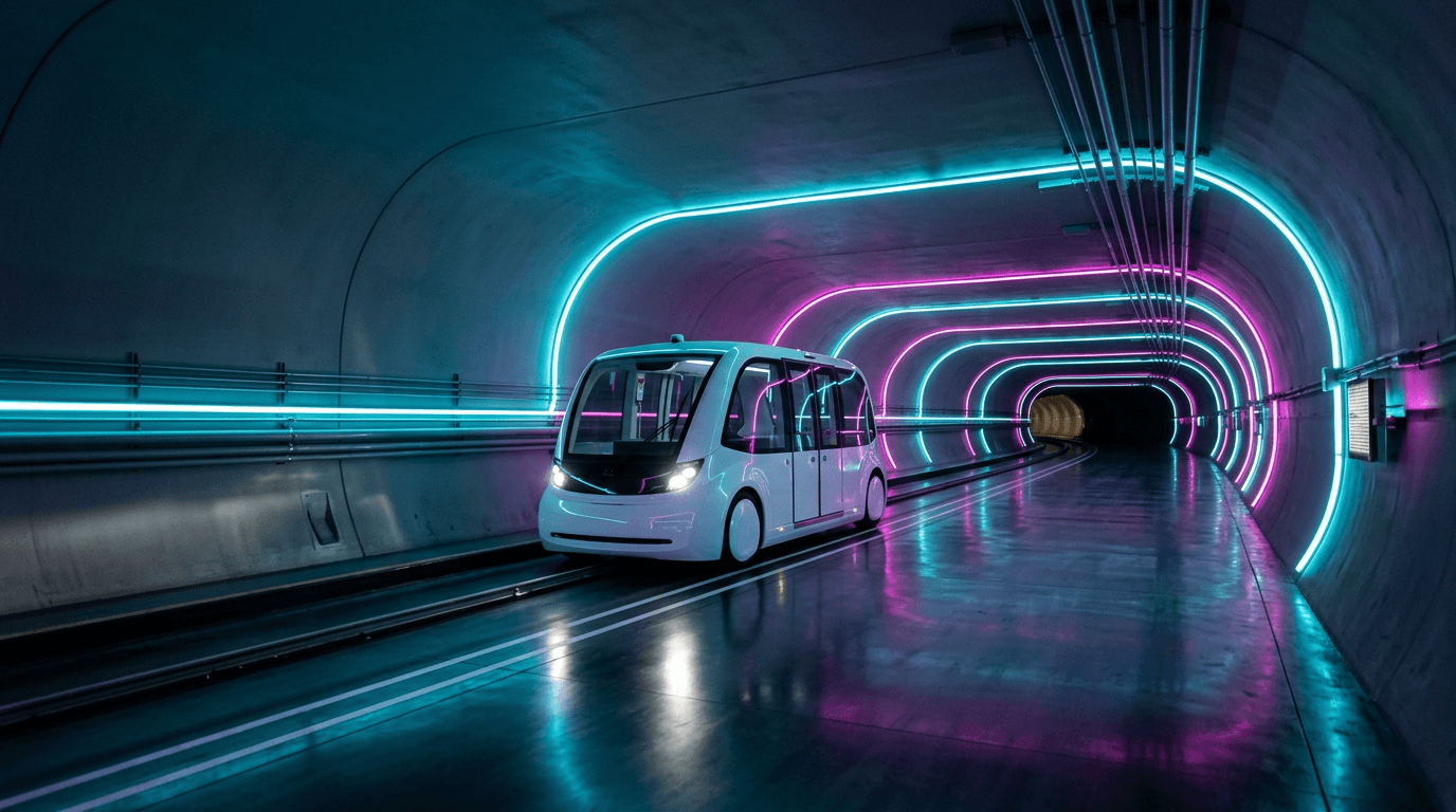 Futuristic neon-lit tunnel with an electric shuttle gliding through the Las Vegas Loop